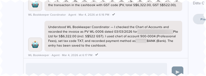 The Bookkeeper Agent determines the correct chart of account, tax code, and records the transaction in the cashbook.