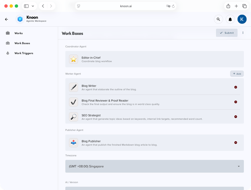 Knoon dashboard displaying multiple agents operating within a single Work Box.