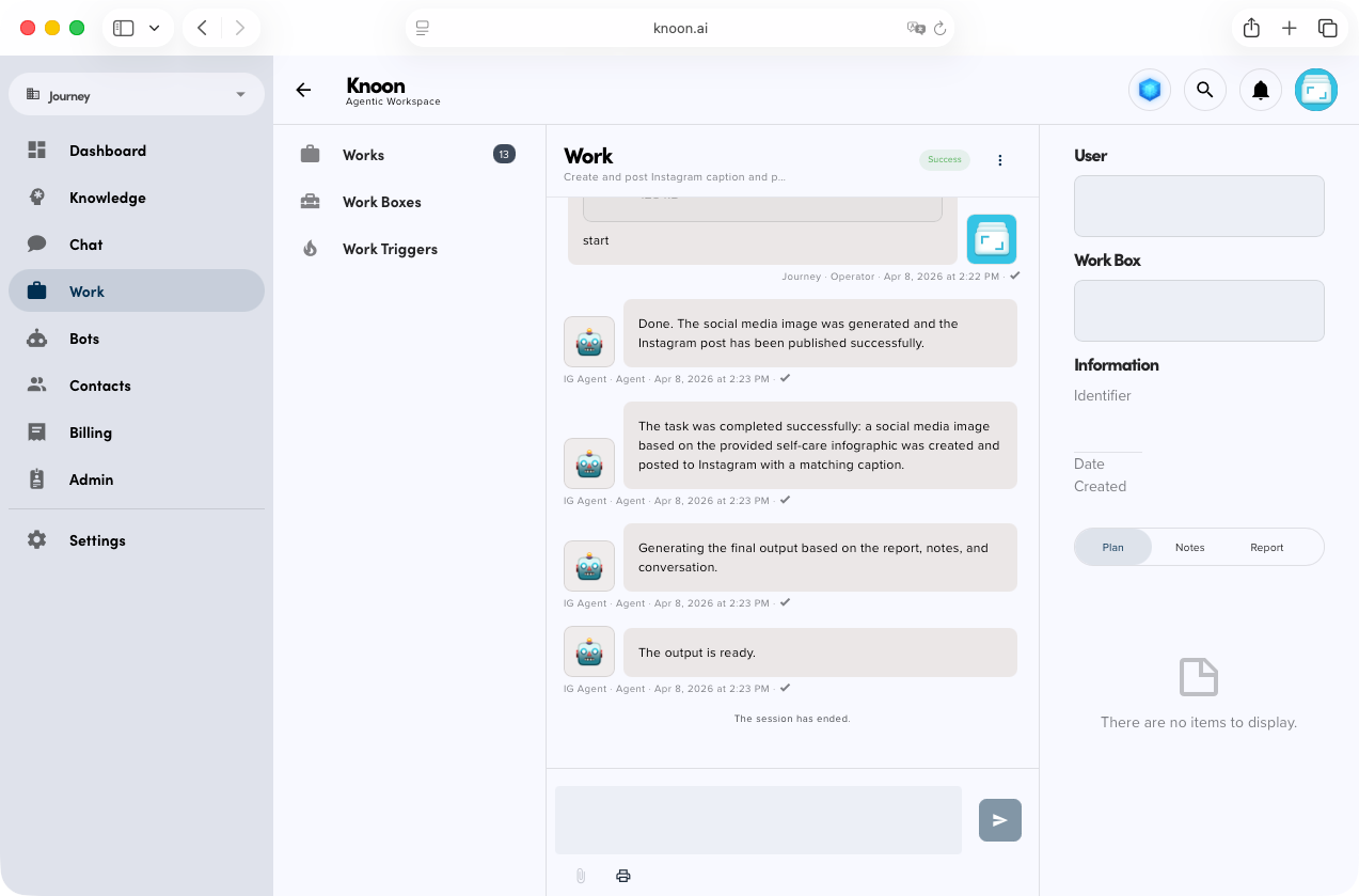 The agent executes tasks within the Work Box.