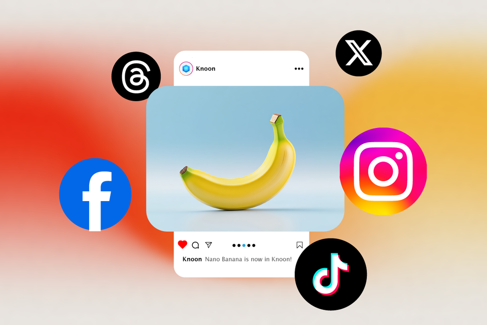 Knoon supports Nano Banana, Facebook, Instagram, TikTok, Threads, and X for social media marketing