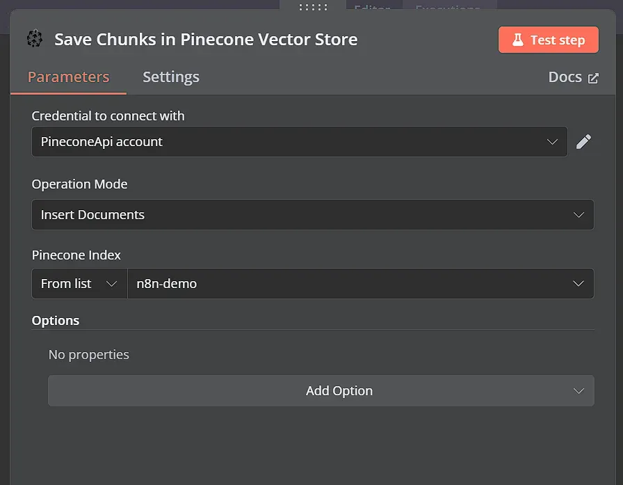 Set up saving document chunks in Pinecone vector store