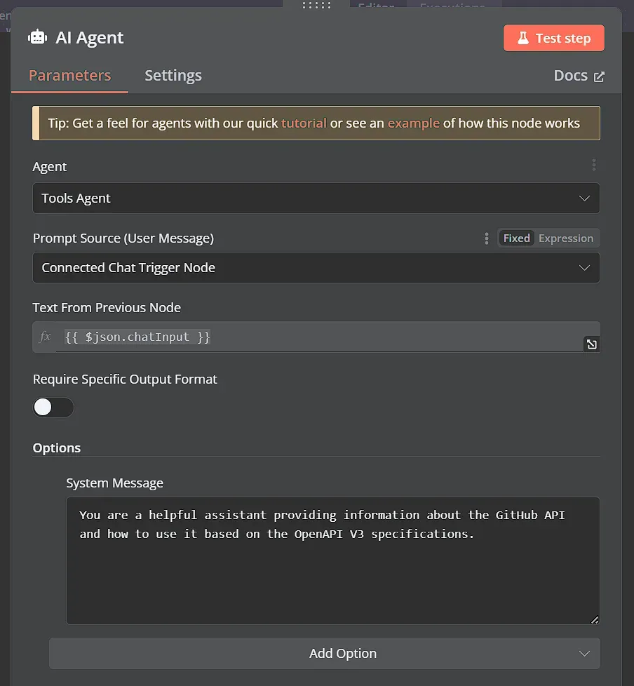 Set up n8n AI agent node