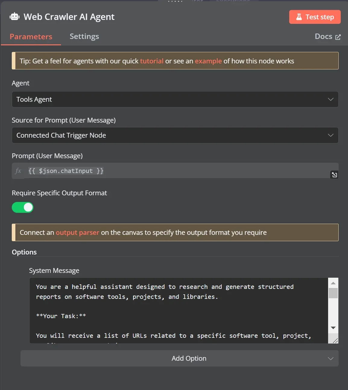 Configuring the AI Agent n8n node
