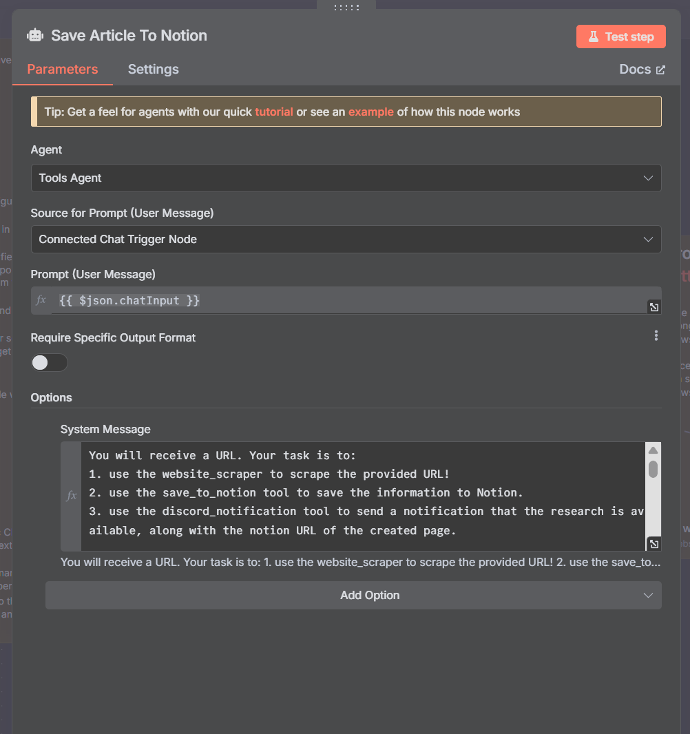 AI Agent node configuration