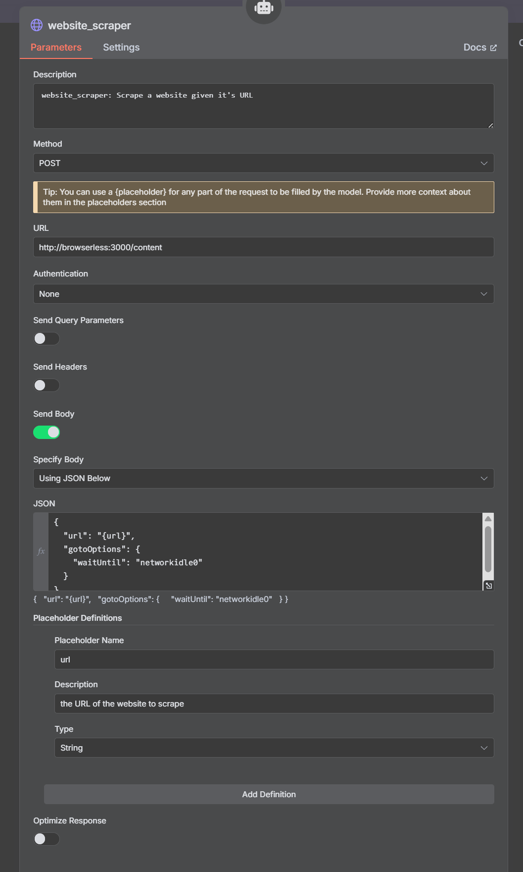 Configuring Browserless web scraping tool using the HTTP Tool node