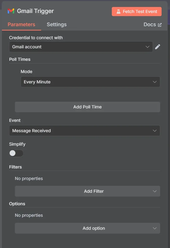 Gmail trigger node polling our inbox every minute, checking for new emails