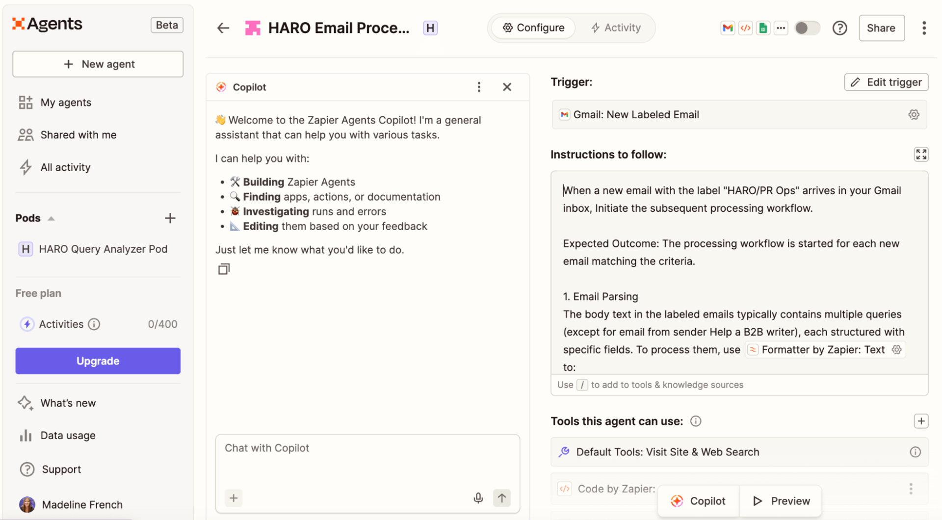 Zapier’s AI workflow automation tool: a workflow for generating journalist request responses from existing content