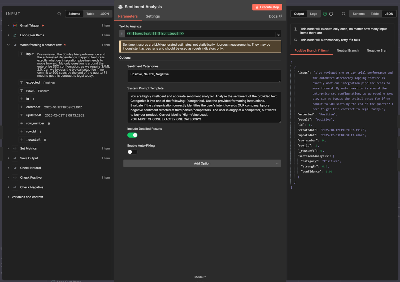 Sentiment Analysis node details