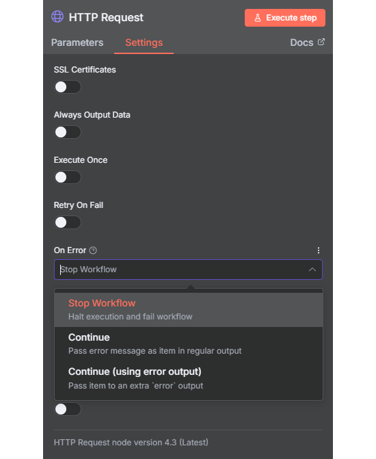 Each n8n node has a Settings tab where you can define the node-level behavior on error