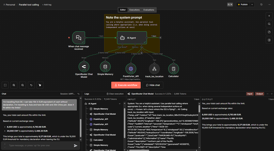AI workflow showing a chat-triggered agent using multiple tools to convert currencies and calculate a total, with execution logs displayed below.