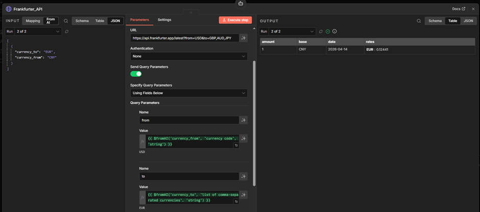 API step showing currency exchange request and returned rates.
