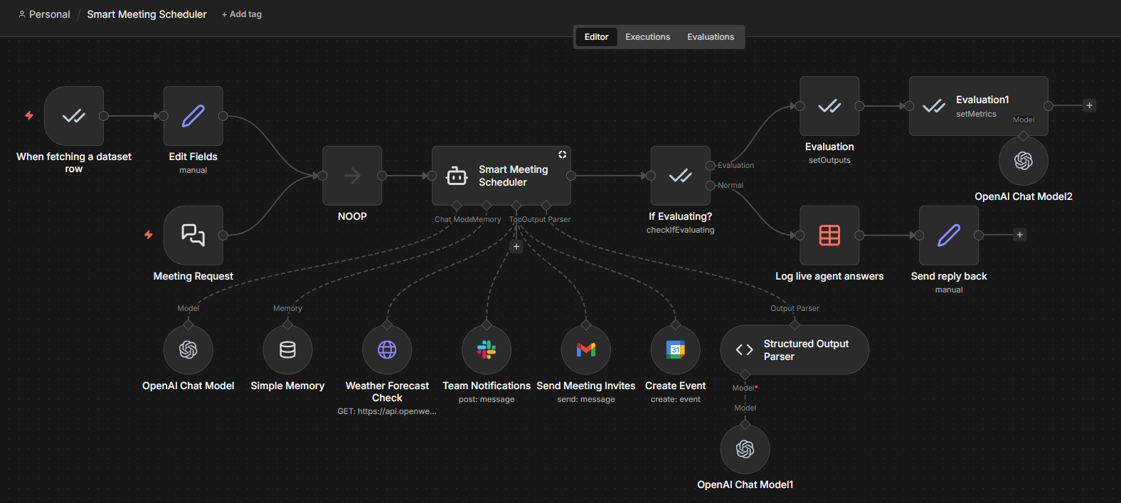 The modified version of the evaluation workflow. In addition to offline evaluation the workflow now logs all live agent’s answers in the separate data table. Source: Original workflowThe modified version of the evaluation workflow. In addition to offline evaluation the workflow now logs all live agent’s answers in the separate data table. 