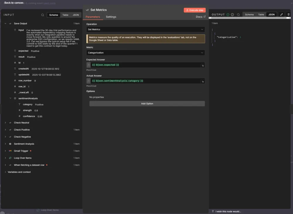 Workflow with Evaluation Trigger node connected to agent. Source; https://n8n.io/workflows/11832-sales-lead-routing-with-gemini-sentiment-analysis-and-model-evaluation-framework/