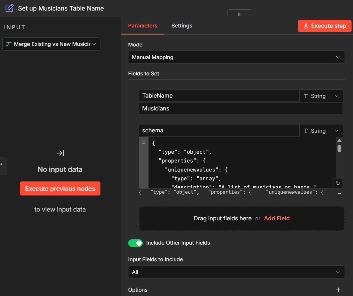 Dynamic JSON schema is defined in the Set node