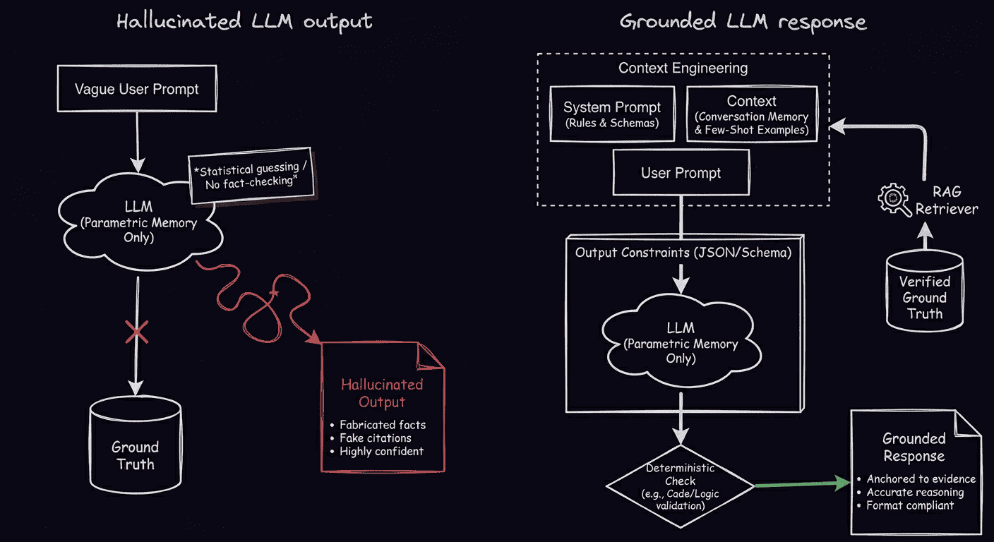 Flowchart comparing hallucinated LLM output versus grounded LLM responses using context engineering, RAG retrieval, and deterministic validation checks.