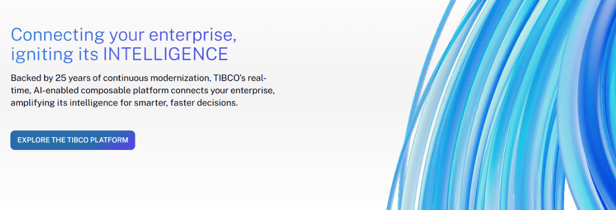 TIBCO AI-enabled composable platform interface showing real-time enterprise integration capabilities
