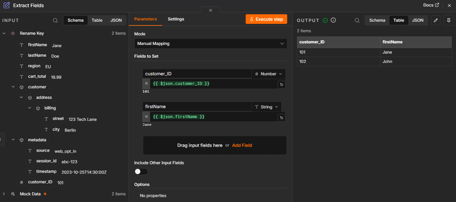 n8n Extract Fields node mapping customer_ID and firstName fields from nested JSON input