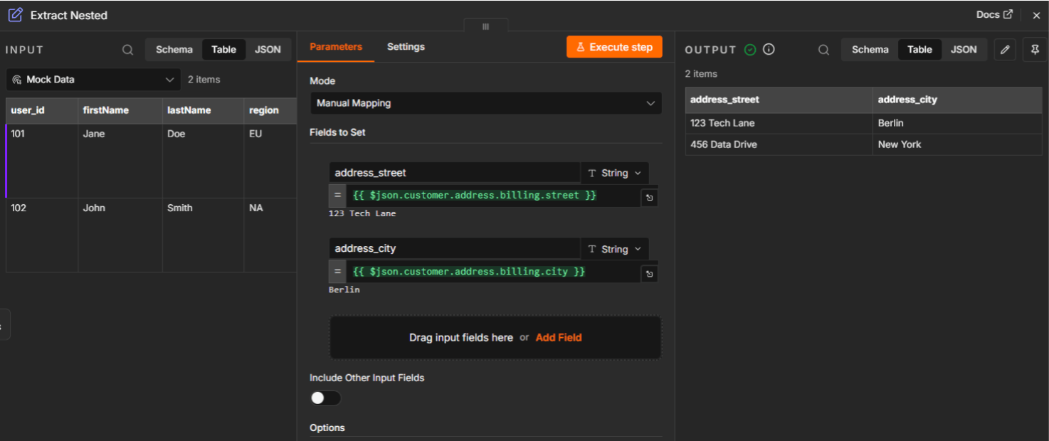 n8n Extract Nested node flattening deeply nested JSON to extract address street and city fields