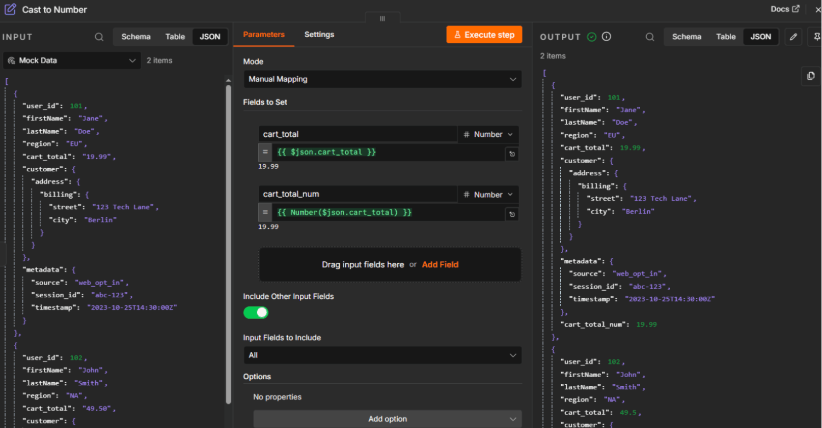 n8n Cast to Number node converting cart_total string value to a numeric type using explicit mapping rules