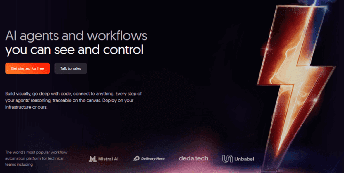 n8n homepage showing AI agents and workflows platform with Get started for free CTAn8n is a workflow automation platform that provides the operational backbone for AI governance