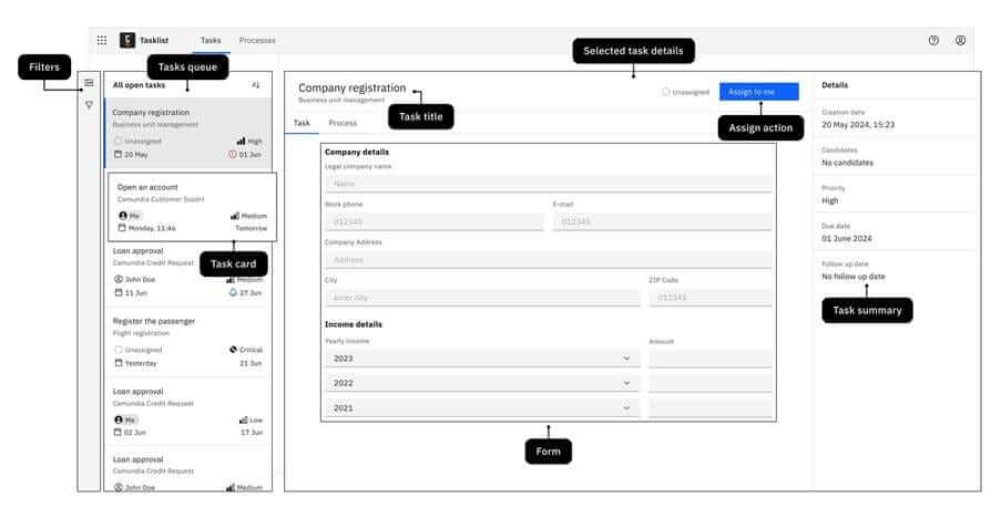 Camunda task application UI showing tasks queue, company registration form, and task details panel
