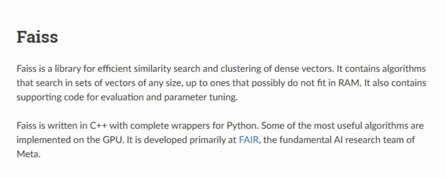 Faiss library documentation showing Meta's efficient similarity search and clustering library for dense vectors