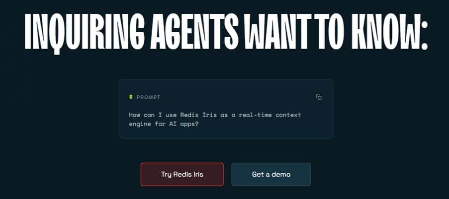 Redis Iris homepage showing real-time context engine for AI agents with vector search capabilities
