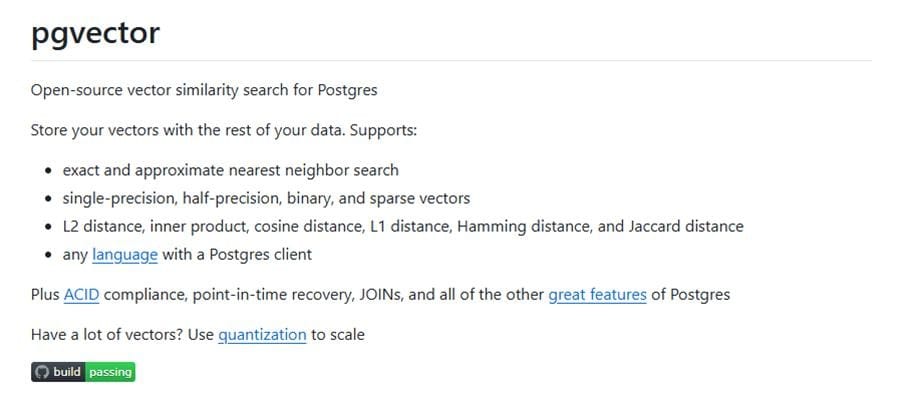 pgvector GitHub repository showing open-source vector similarity search extension for PostgreSQL