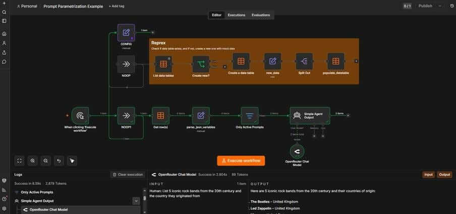 n8n workflow editor showing a prompt parametrization example with AI agent node, data table operations, and OpenRouter Chat Model execution