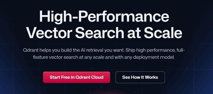 Qdrant homepage highlighting high-performance vector search at scale for AI retrieval.