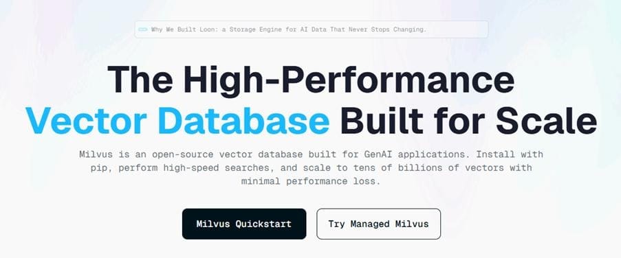 Milvus vector database homepage highlighting high-performance scale for GenAI applications.