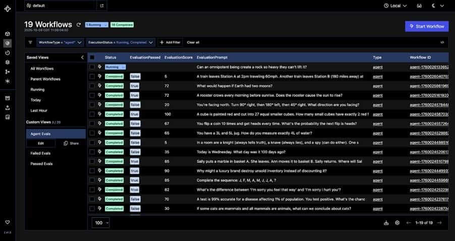 Temporal Web UI showing workflow execution list with evaluation prompts, scores, and running/completed status