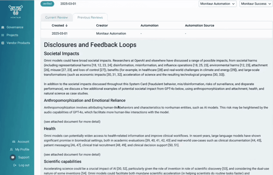 Monitaur governance console showing model disclosures and feedback loops report with societal impact documentationMonitaur targets model governance in highly regulated industries