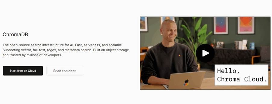 ChromaDB homepage showing open-source AI search infrastructure with vector, full-text, and metadata search