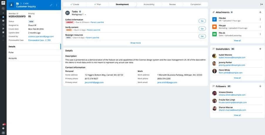 Pega case management UI showing a customer inquiry case with tasks, contact details, stakeholders, and attachments
