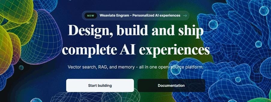 Weaviate homepage showing open-source vector search, RAG, and memory platform for AI experiences.