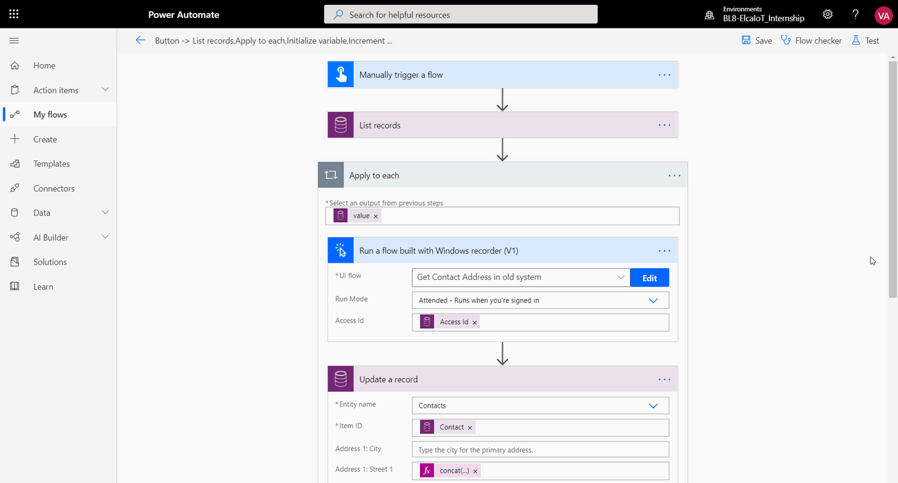 Power Automate flow builder showing a multi-step workflow with RPA and record update actions