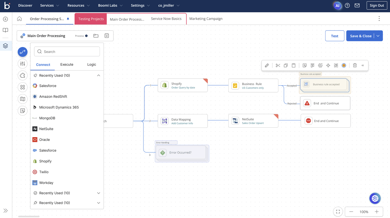 Boomi's process canvas showing connected apps like Shopify, NetSuite, and Salesforce in an integration flow