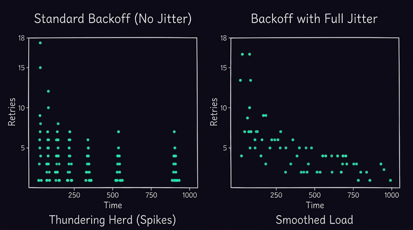 Scatter plots comparing exponential backoff without jitter (thundering herd) vs. with full jitter (smoothed load)