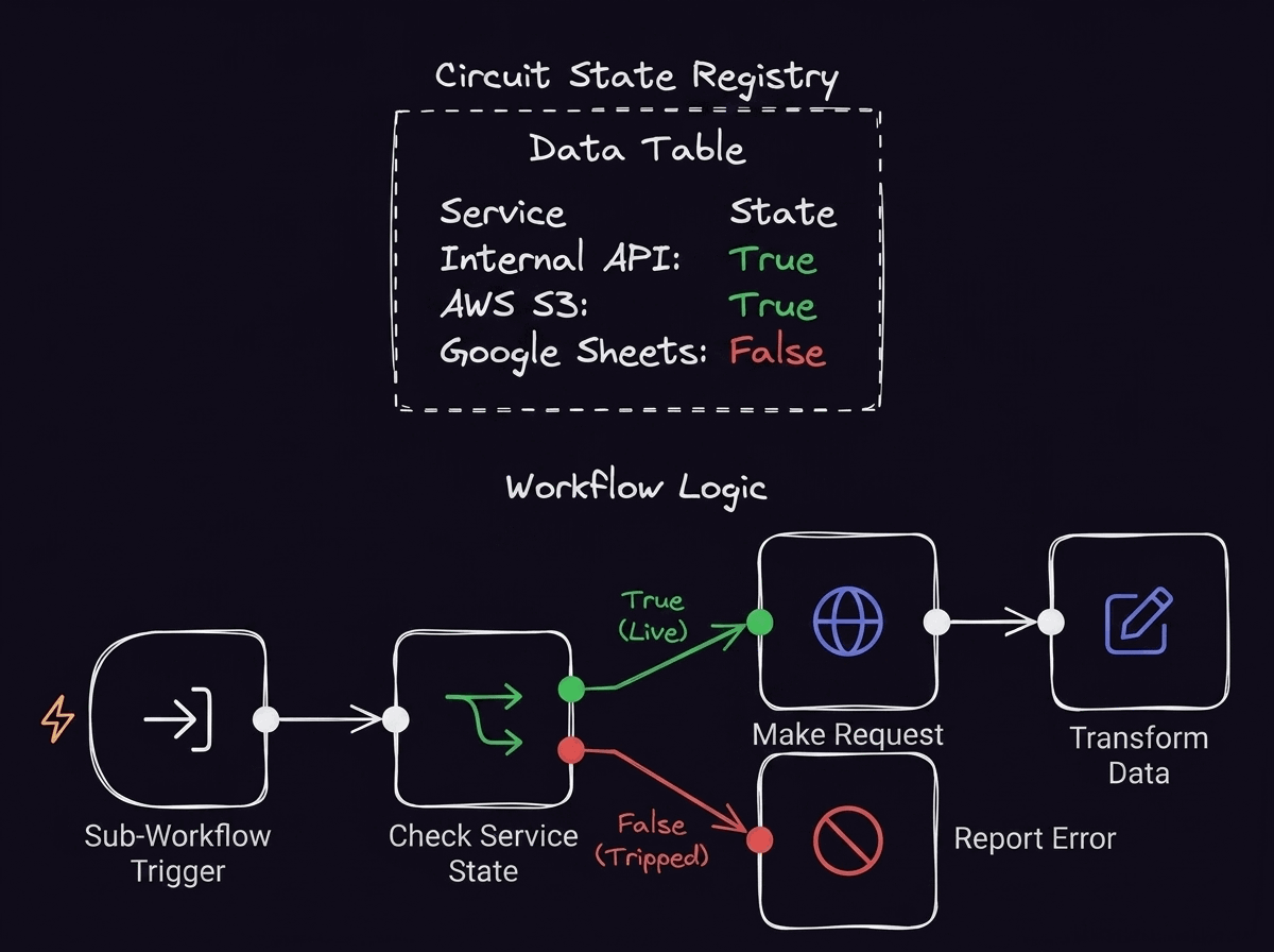 Diagram of an n8n workflow checking a circuit breaker's service state in a Data Table before making or blocking an API request.