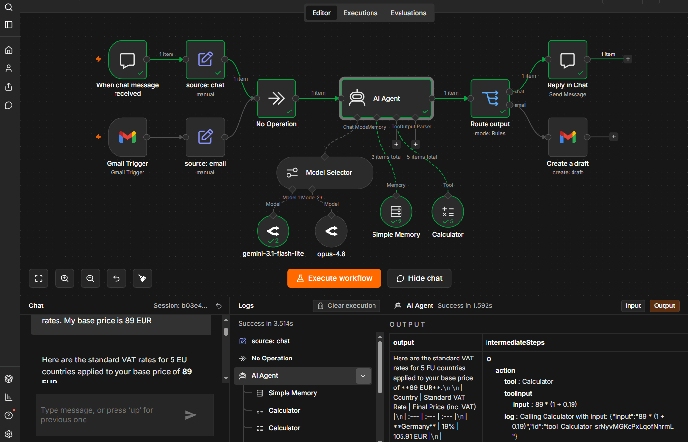 n8n workflow canvas showing an AI Agent with execution logs, model selector, and tool call output for a VAT calculation query
