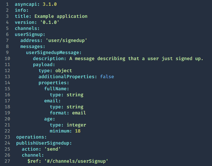 AsyncAPI 3.1.0 YAML document example defining a userSignup channel with message payload and publish operation