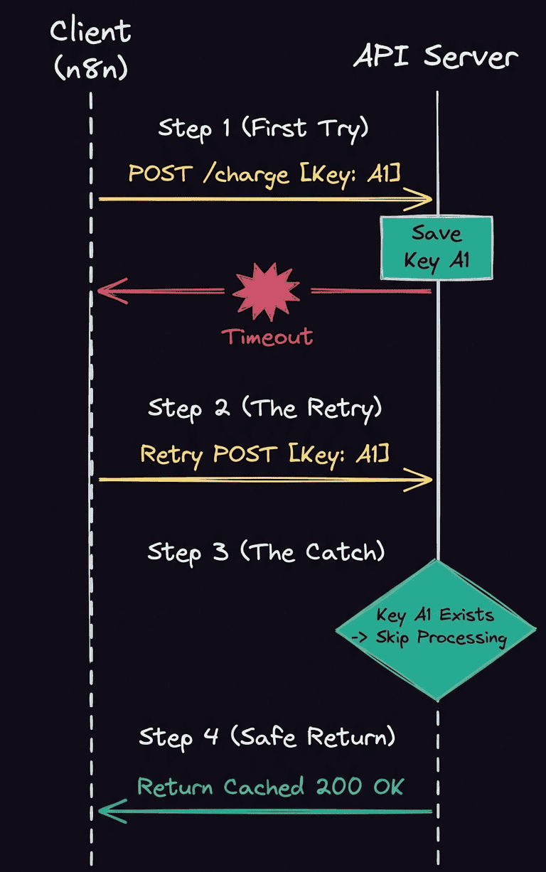 Sequence diagram showing n8n client sending a POST request with idempotency key, timing out, retrying, and receiving a cached 200 OK response instead of a duplicate charge