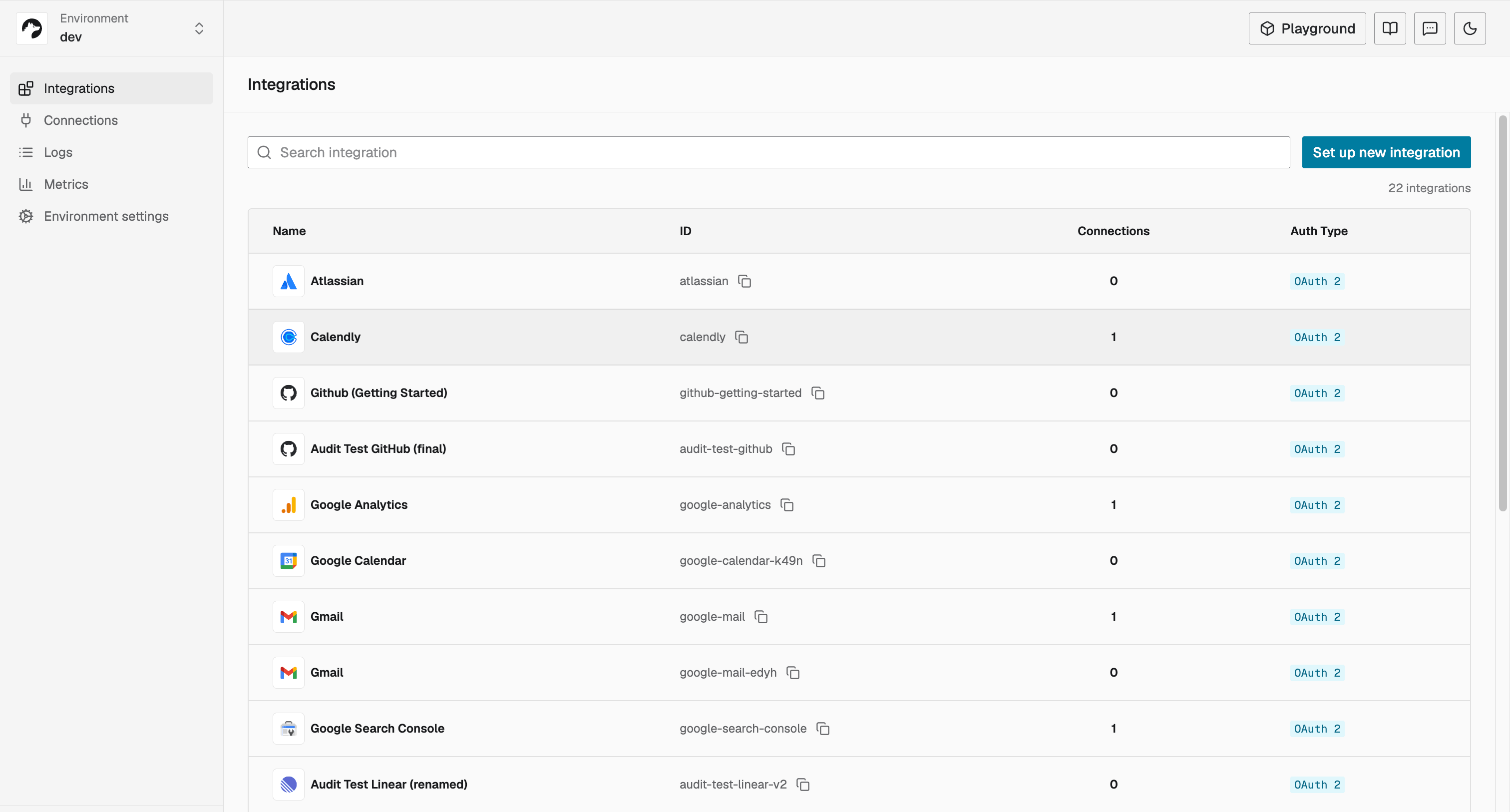 Nango UI: Integrations dashboard listing connected APIs with their IDs, connections, and OAuth 2 auth type