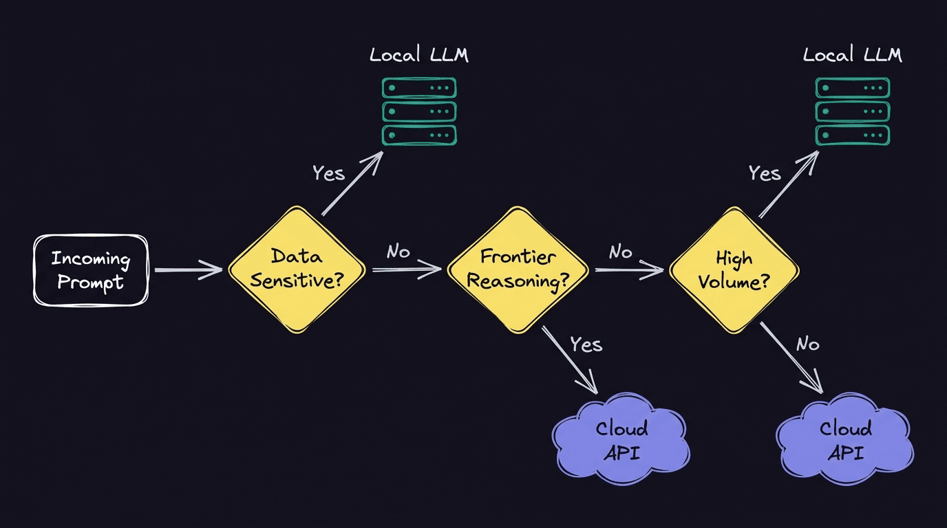 Decision diagram for routing LLM requests showing three checks: data sensitivity, frontier reasoning, and volume, routing to local LLM or cloud API accordingly