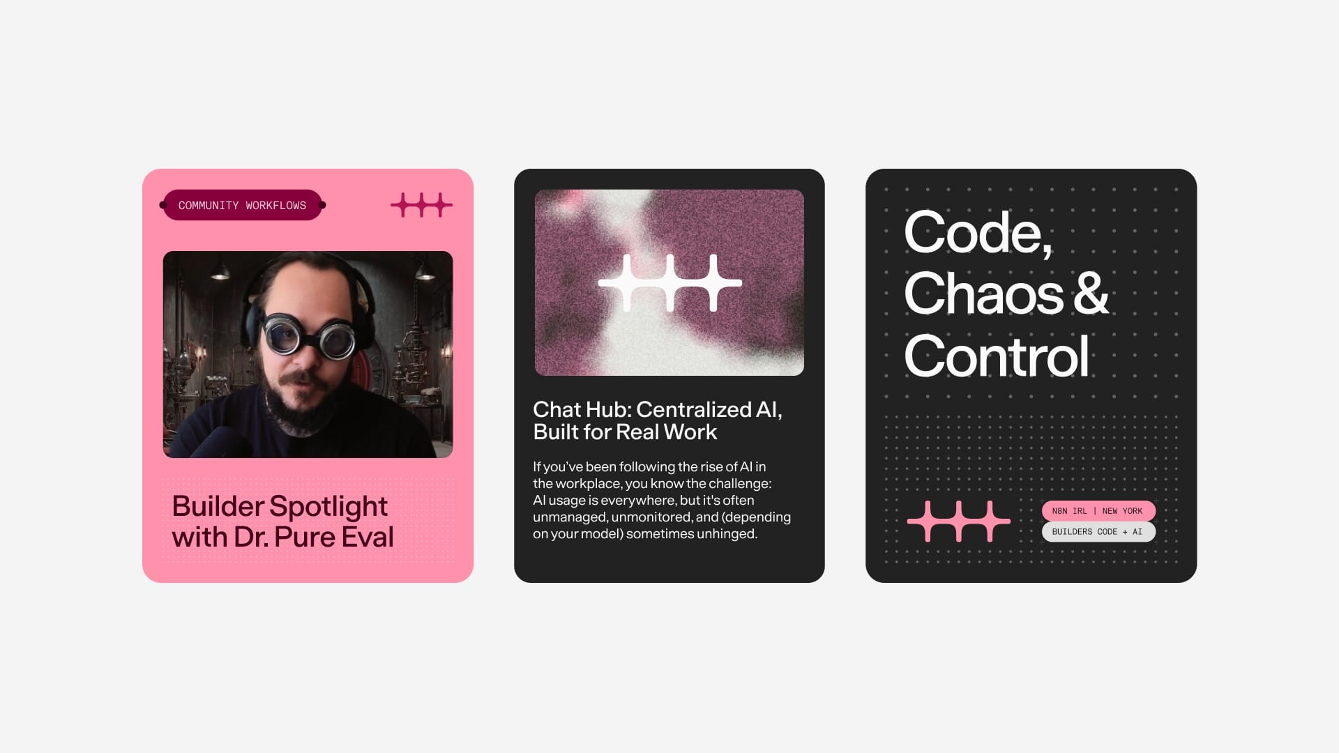 Three content cards in the new n8n brand: pink, dark gray, and dark with pink accents