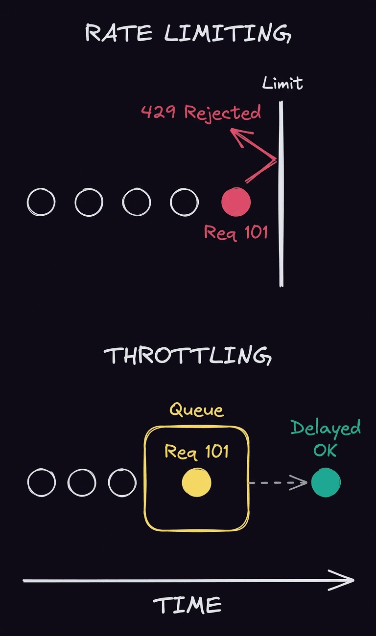 Diagram comparing rate limiting (request 101 rejected with 429 error) versus throttling (request 101 queued and delayed with OK response)