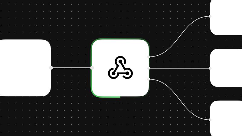 Abstract workflow diagram showing a webhook event triggering multiple downstream services in an event-driven architecture.
