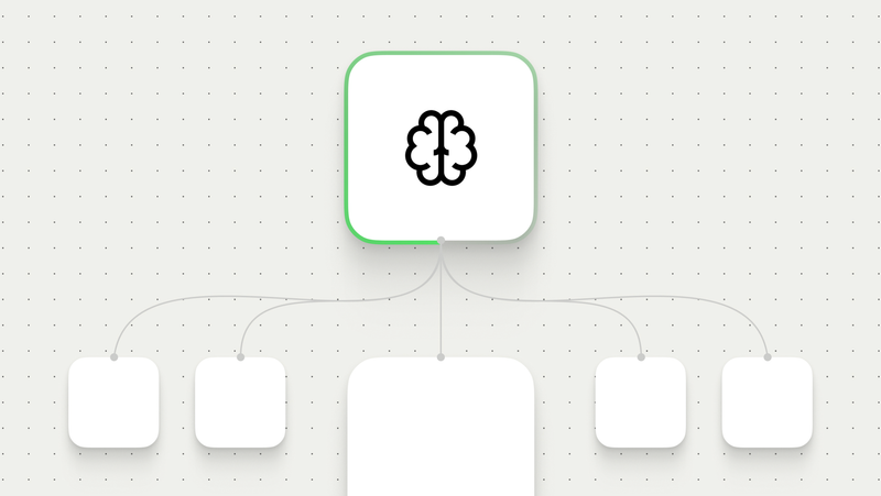 n8n blog feature image showing a brain icon connected to multiple workflow nodes on a grid background.