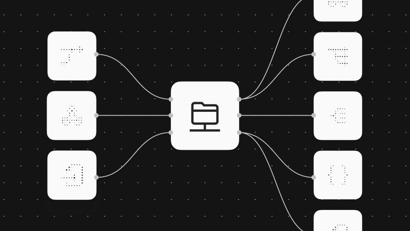 n8n workflow nodes connected to a central hub on a dark grid background illustrating process orchestration